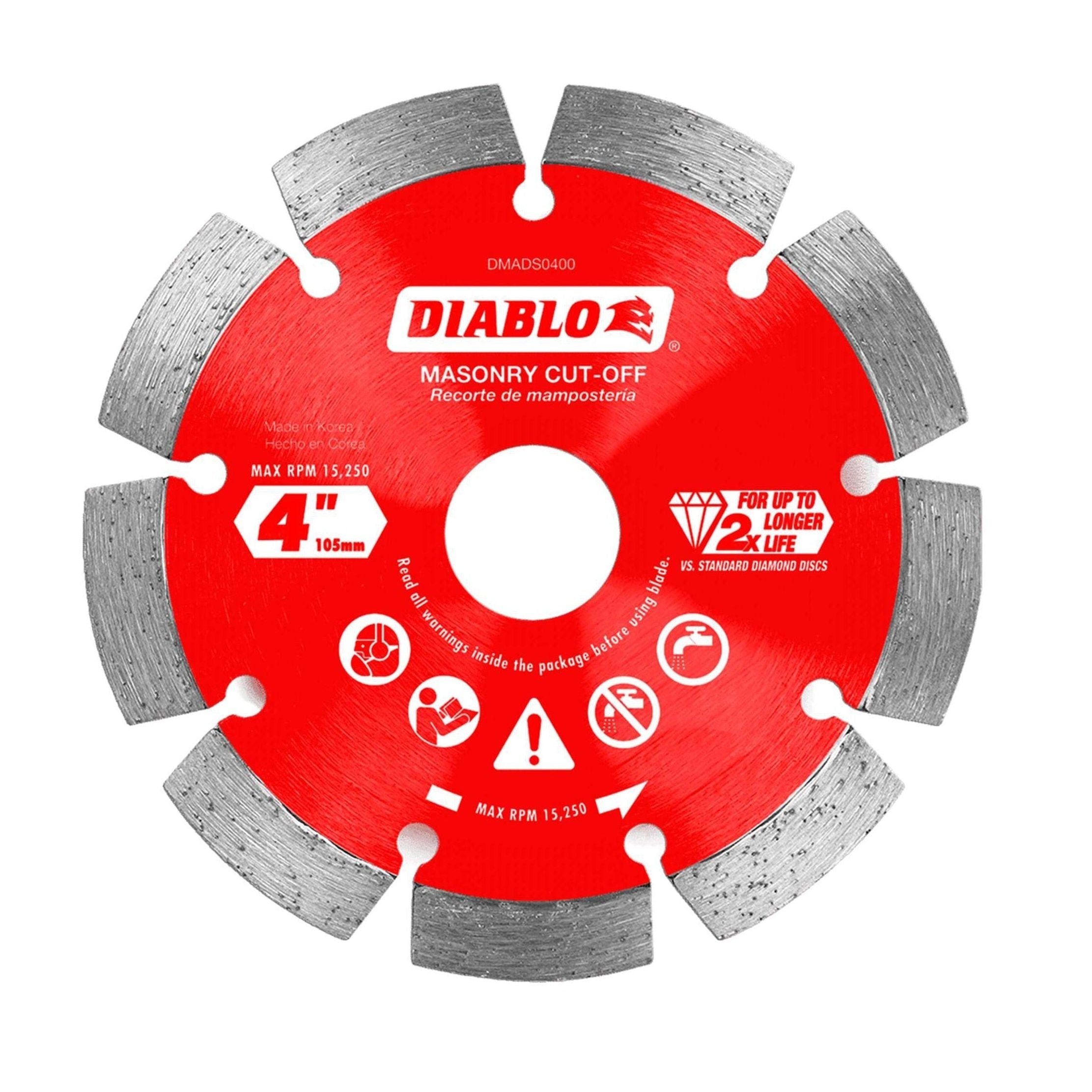 The Diablo DMADS0400 is a red 4-inch (105 mm) circular masonry blade with silver diamond-segmented cutting edges, offering up to twice the lifespan and improved performance. Usage icons included.